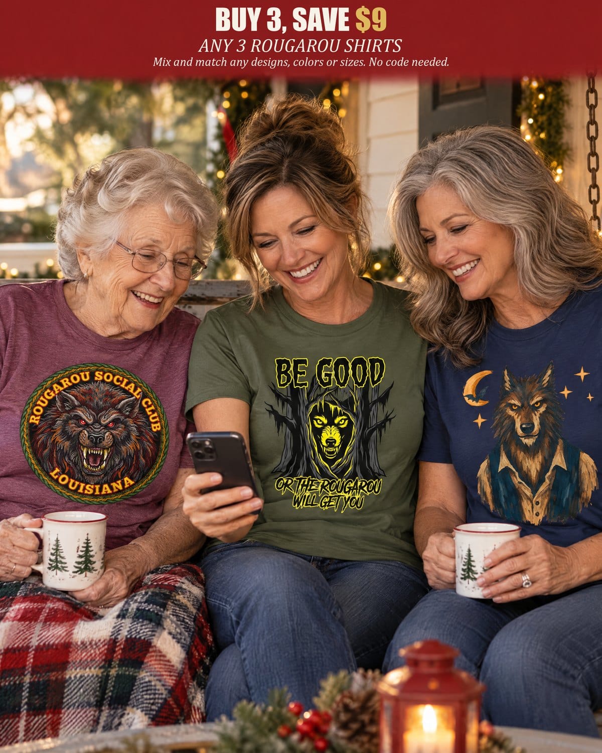 The Rougarou shirts: buy 3 and save $9, no code needed