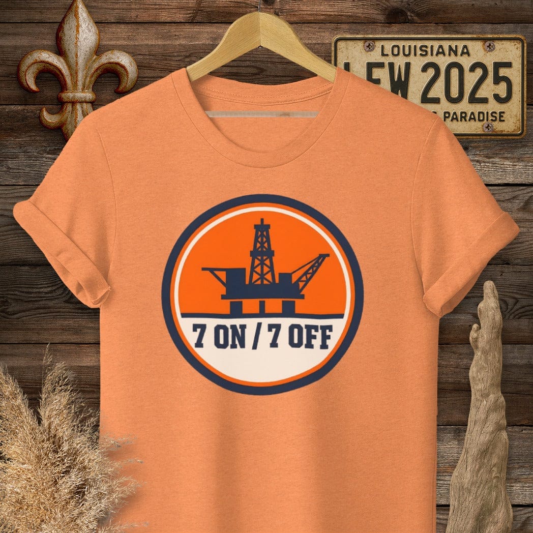 S / Heather Orange Louisiana 7 ON 7 OFF Oil Rig T-Shirt by Laissez Faire Wear