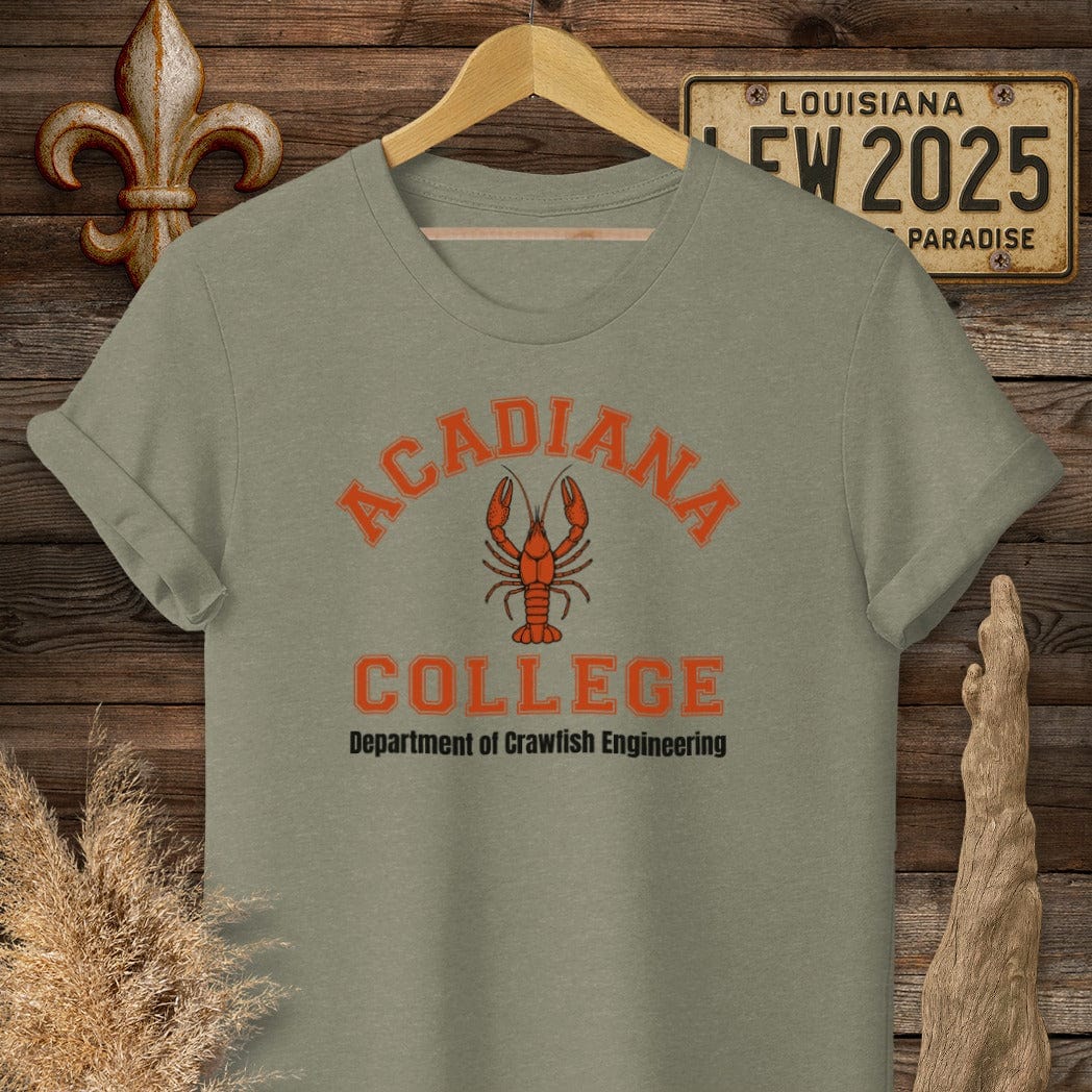 S / Heather Military Green Louisiana Acadiana College - Dept of Crawfish Engineering T-Shirt by Laissez Faire Wear