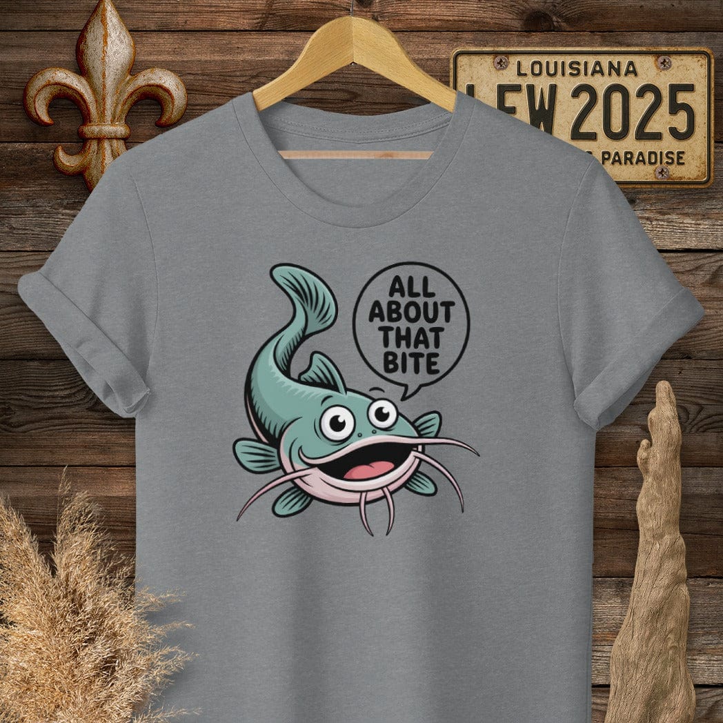 S / Graphite Heather Louisiana All About That Bite Catfish T-Shirt by Laissez Faire Wear