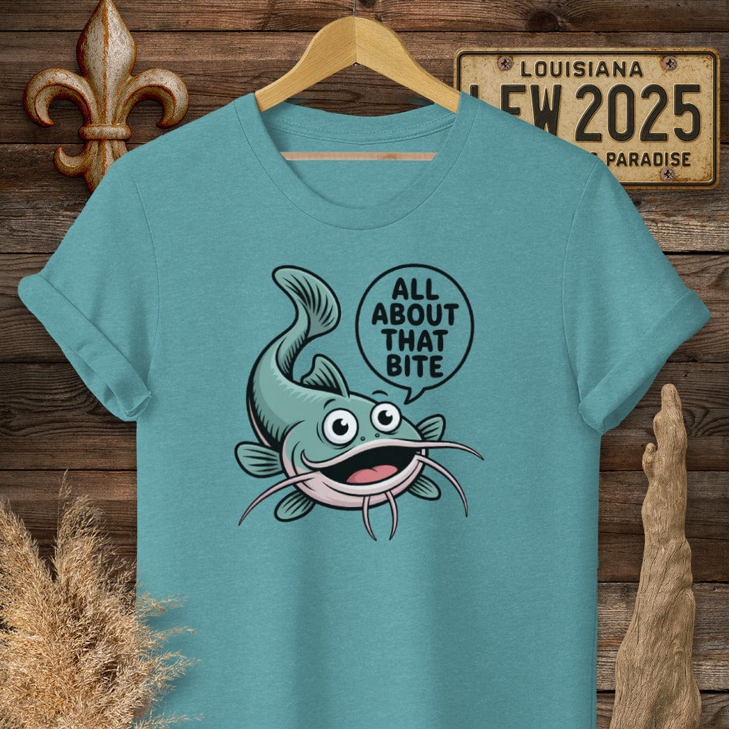 S / Heather Galapagos Blue Louisiana All About That Bite Catfish T-Shirt by Laissez Faire Wear
