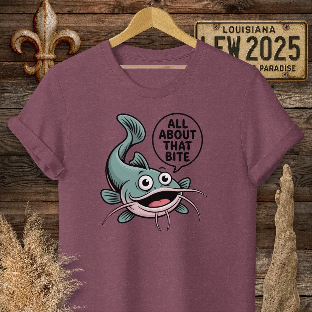 S / Heather Maroon Louisiana All About That Bite Catfish T-Shirt by Laissez Faire Wear