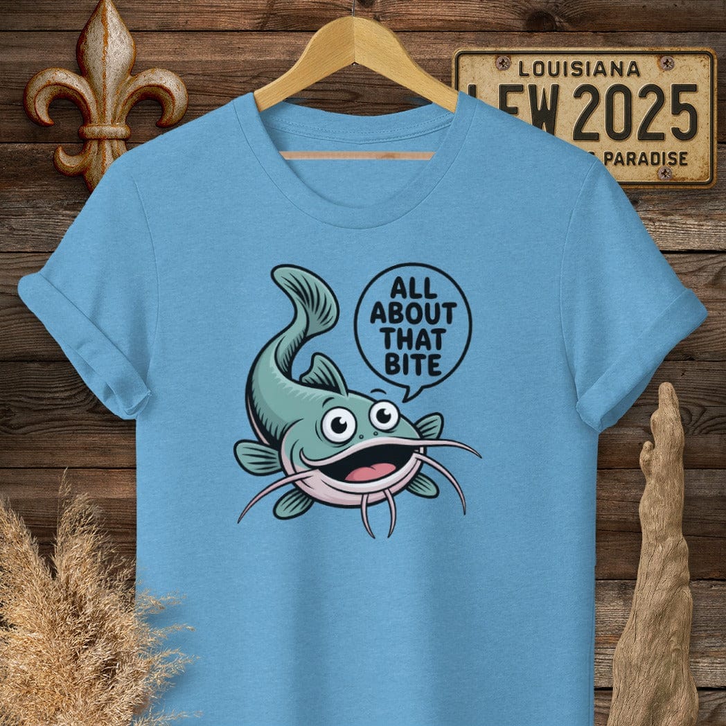 S / Heather Sapphire Louisiana All About That Bite Catfish T-Shirt by Laissez Faire Wear