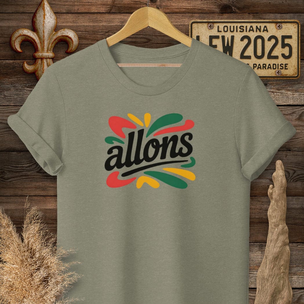 S / Heather Military Green Louisiana Allons Cajun French T-Shirt by Laissez Faire Wear