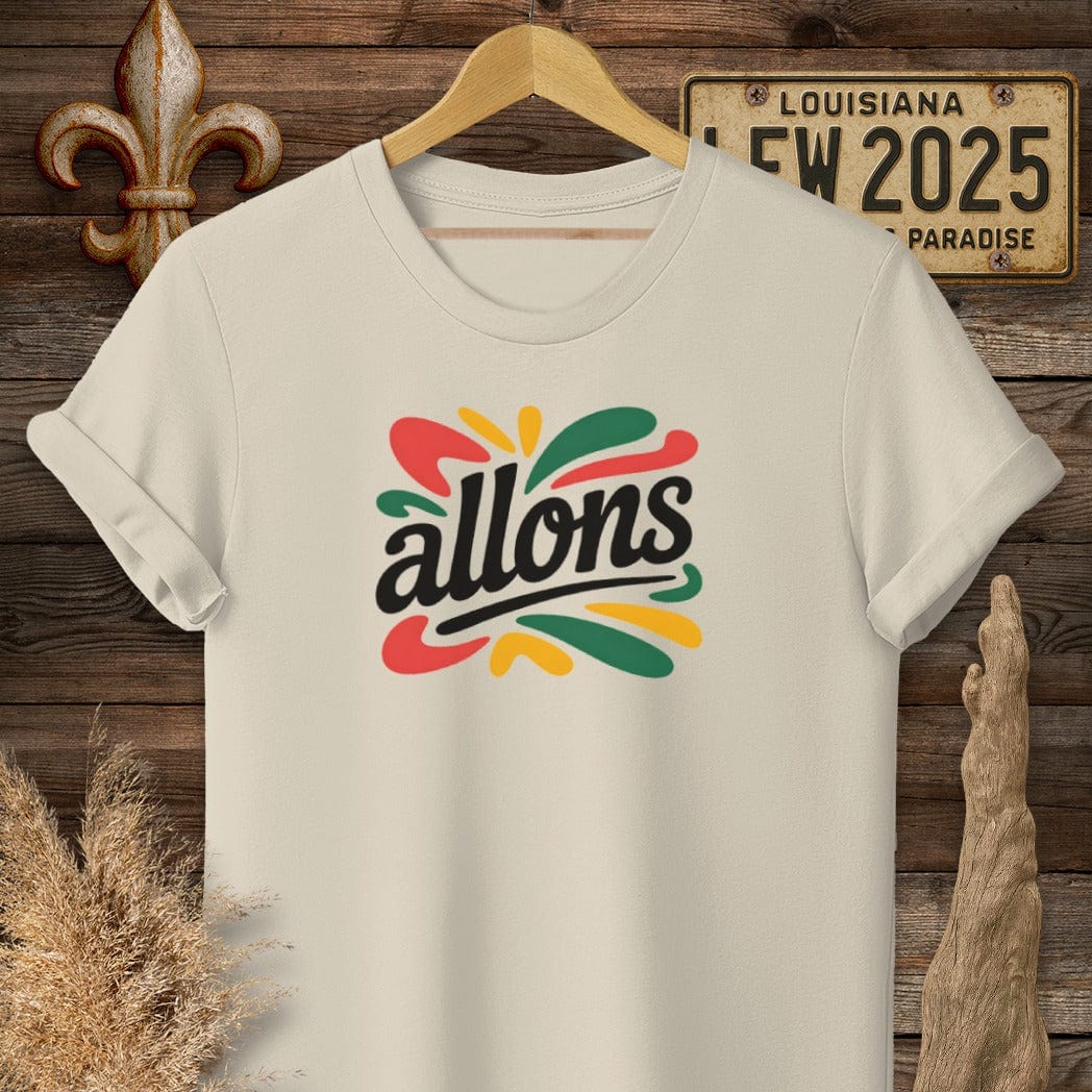 S / Sand Louisiana Allons Cajun French T-Shirt by Laissez Faire Wear