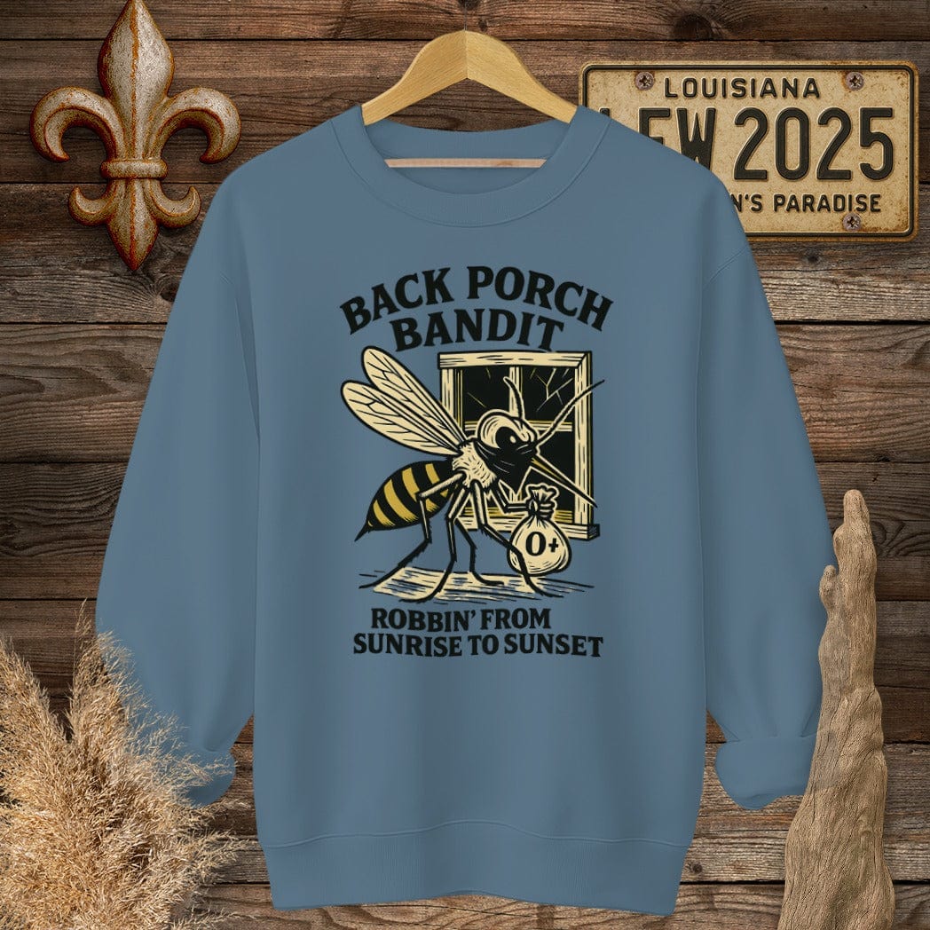 S / Indigo Blue Louisiana Back Porch Bandit Mosquito Sweatshirt by Laissez Faire Wear