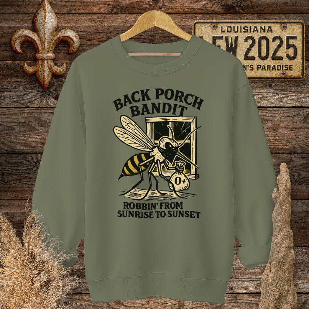 S / Military Green Louisiana Back Porch Bandit Mosquito Sweatshirt by Laissez Faire Wear