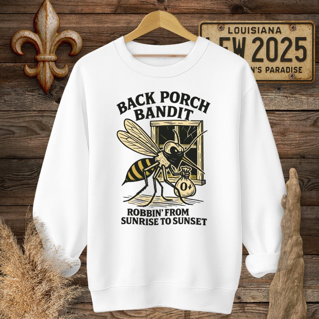 S / White Louisiana Back Porch Bandit Mosquito Sweatshirt by Laissez Faire Wear