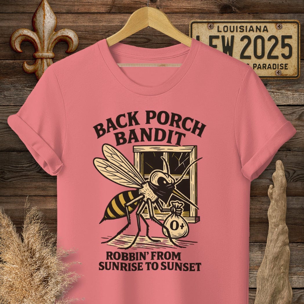 S / Coral Silk Louisiana Back Porch Bandit Mosquito T-Shirt by Laissez Faire Wear