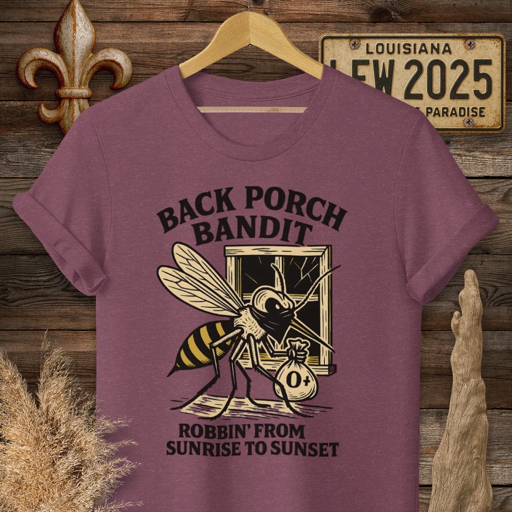 S / Heather Maroon Louisiana Back Porch Bandit Mosquito T-Shirt by Laissez Faire Wear