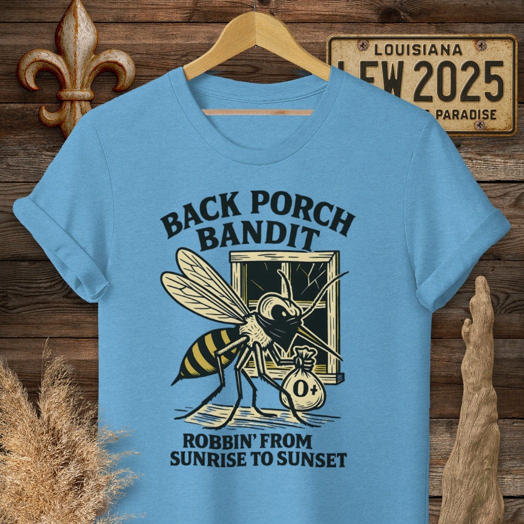 S / Heather Sapphire Louisiana Back Porch Bandit Mosquito T-Shirt by Laissez Faire Wear