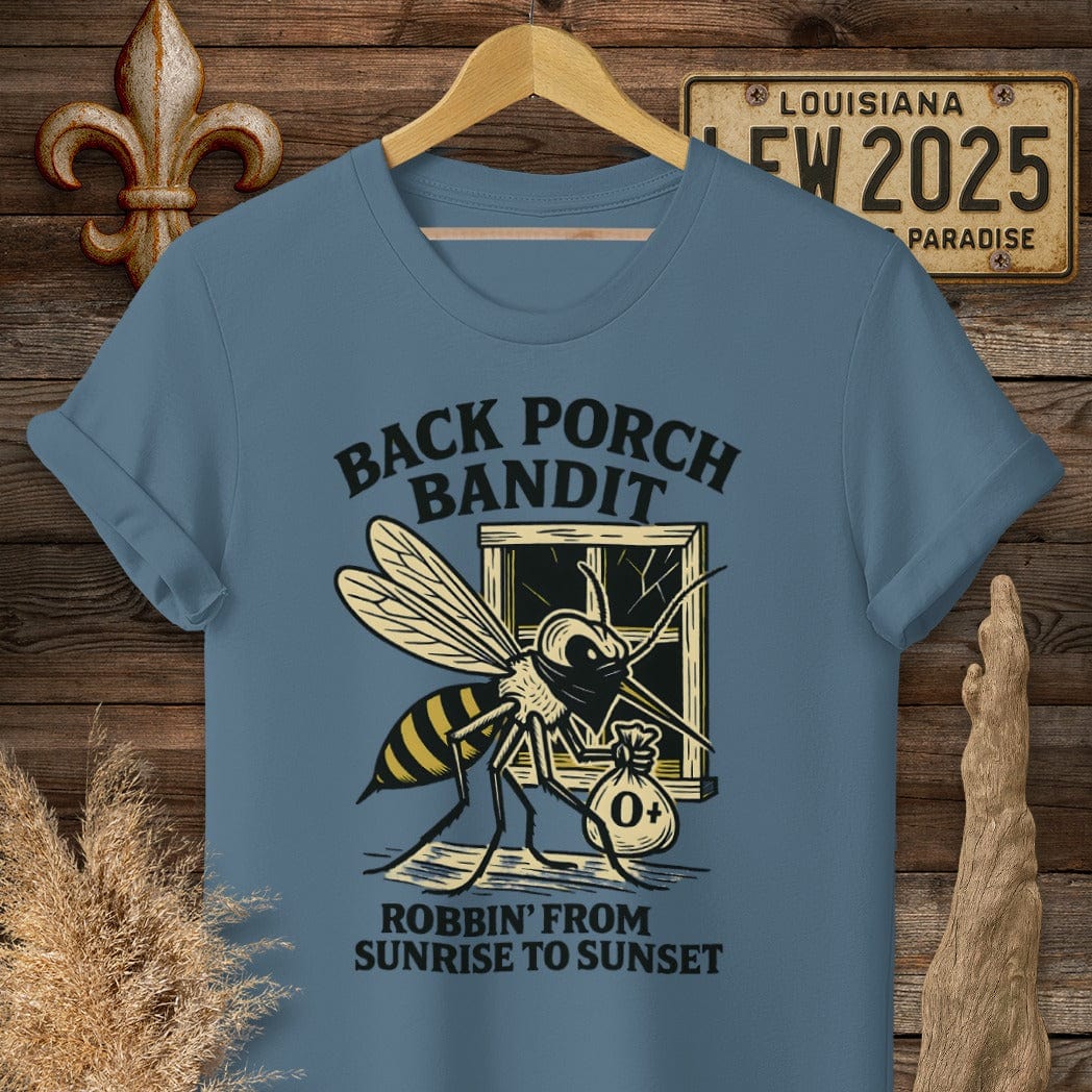 S / Indigo Blue Louisiana Back Porch Bandit Mosquito T-Shirt by Laissez Faire Wear