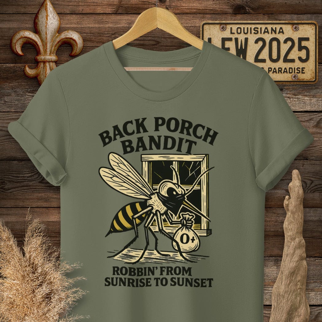S / Military Green Louisiana Back Porch Bandit Mosquito T-Shirt by Laissez Faire Wear