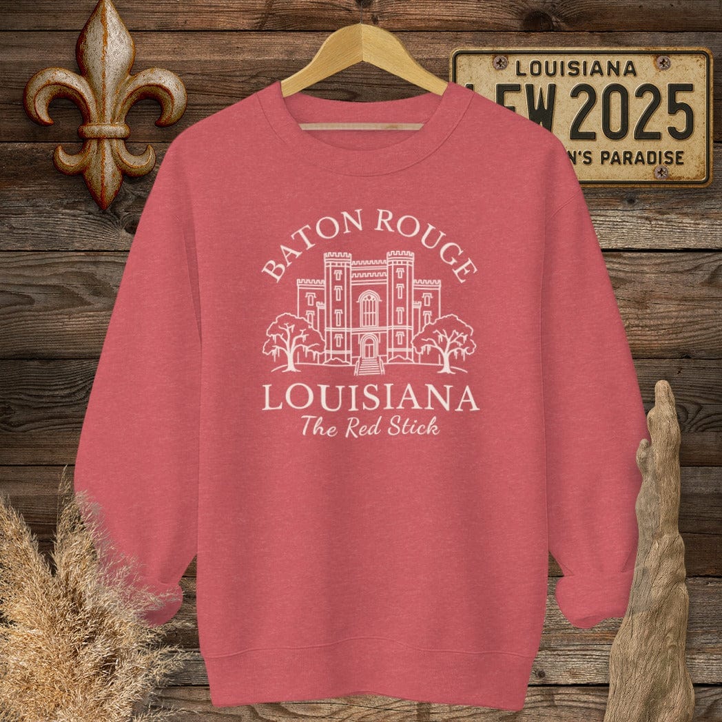 S / Heather Scarlet Red Louisiana Baton Rouge - The Red Stick Heritage Sweatshirt by Laissez Faire Wear