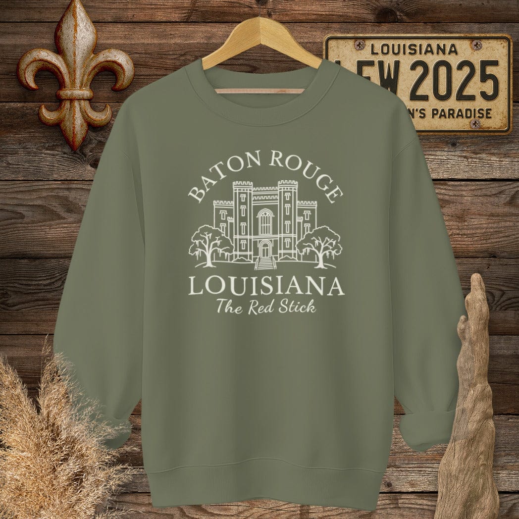 S / Military Green Louisiana Baton Rouge - The Red Stick Heritage Sweatshirt by Laissez Faire Wear