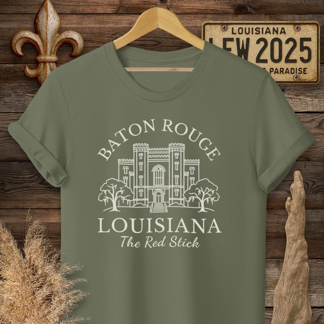 S / Military Green Louisiana Baton Rouge - The Red Stick Heritage T-Shirt by Laissez Faire Wear