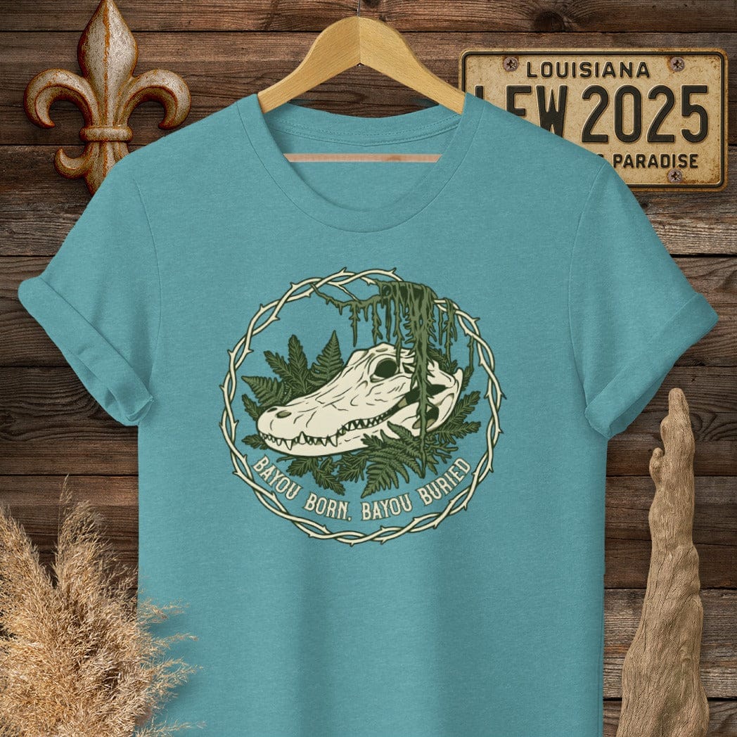 S / Heather Galapagos Blue Louisiana Bayou Born, Bayou Buried T-Shirt by Laissez Faire Wear
