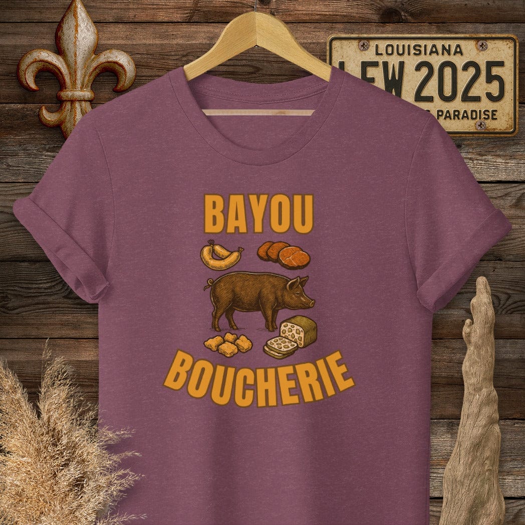 S / Heather Maroon Louisiana Bayou Boucherie T-Shirt by Laissez Faire Wear
