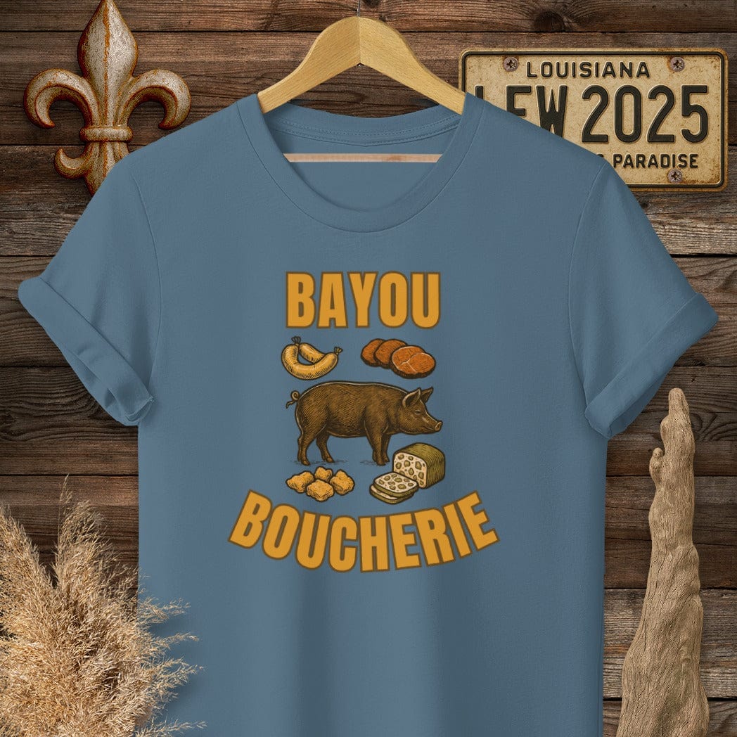 S / Indigo Blue Louisiana Bayou Boucherie T-Shirt by Laissez Faire Wear