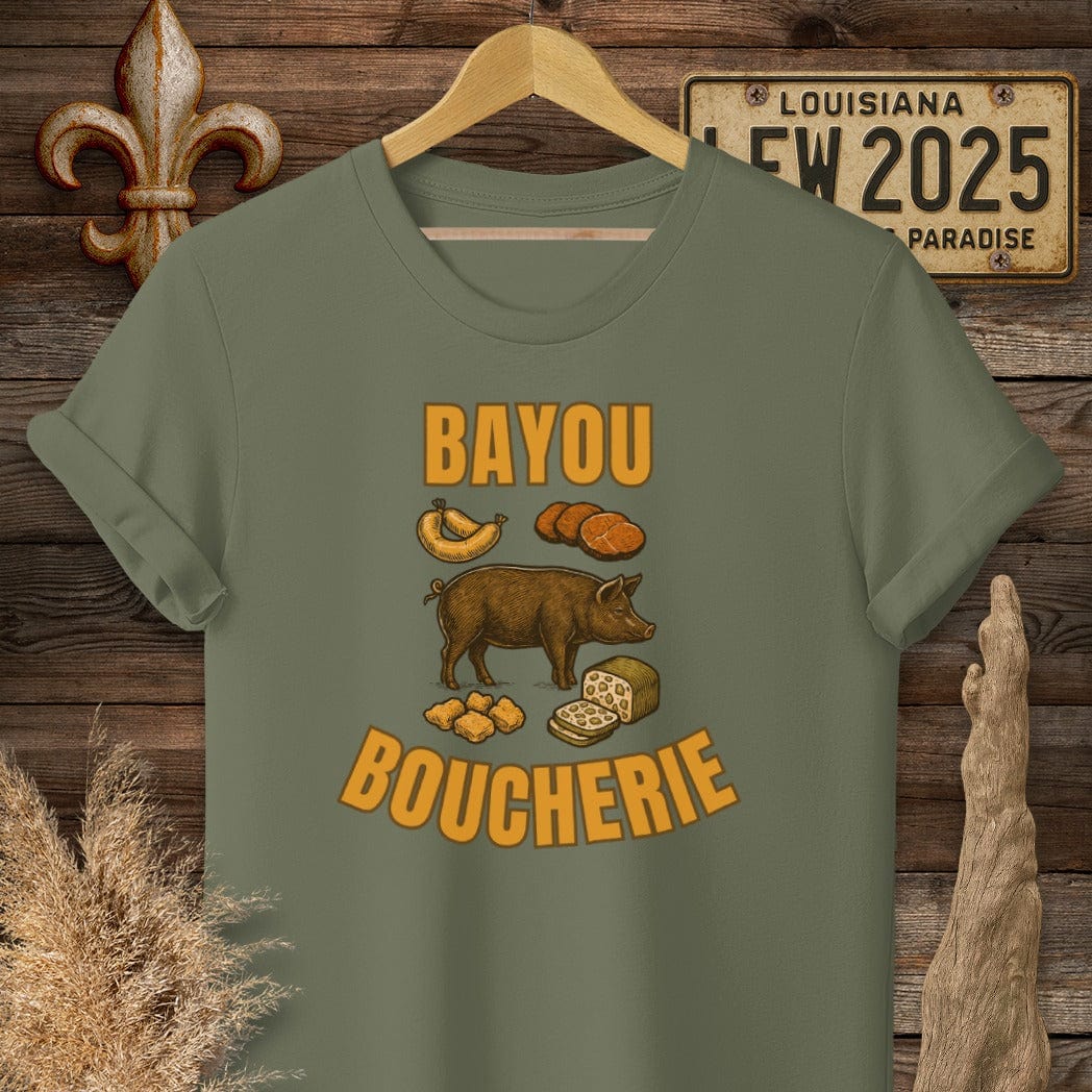 S / Military Green Louisiana Bayou Boucherie T-Shirt by Laissez Faire Wear