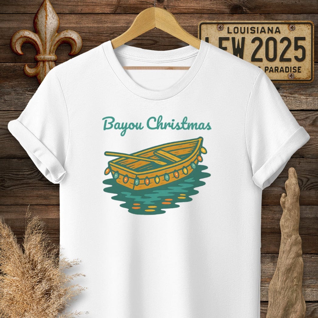 S / White Louisiana Bayou Christmas Holiday T-Shirt by Laissez Faire Wear