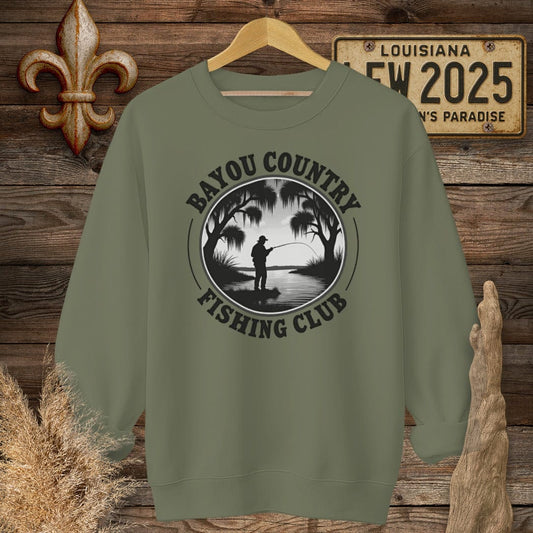 S / Military Green Louisiana Bayou Country Fishing Club Logo Sweatshirt by Laissez Faire Wear