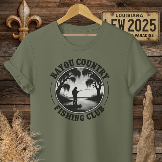 S / Military Green Louisiana Bayou Country Fishing Club Logo T-Shirt by Laissez Faire Wear