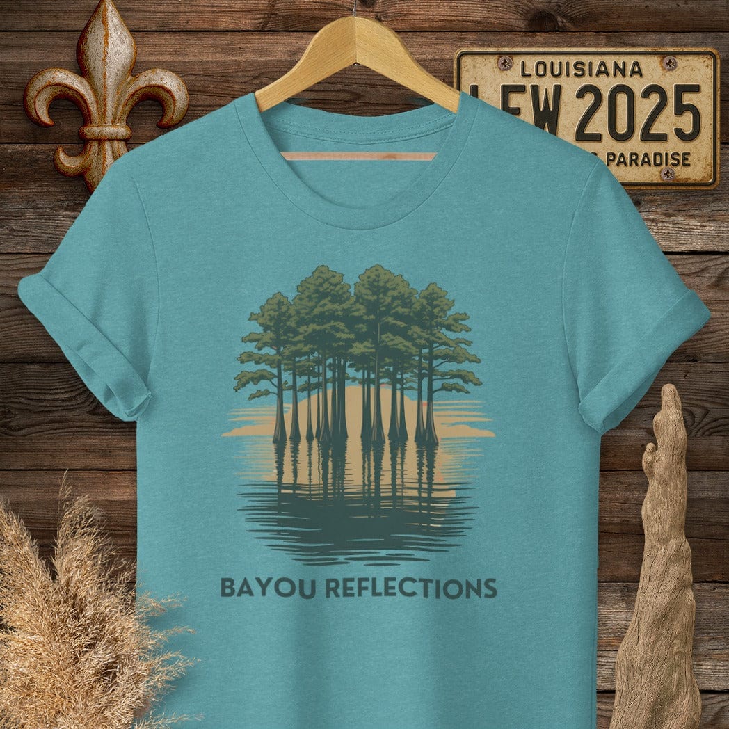 S / Heather Galapagos Blue Louisiana Bayou Reflections T-Shirt by Laissez Faire Wear