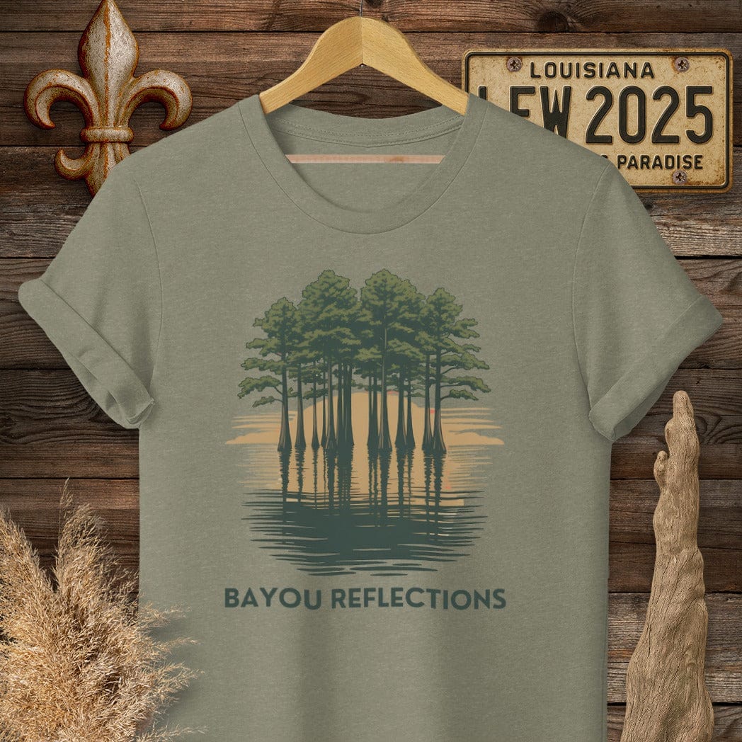 S / Heather Military Green Louisiana Bayou Reflections T-Shirt by Laissez Faire Wear