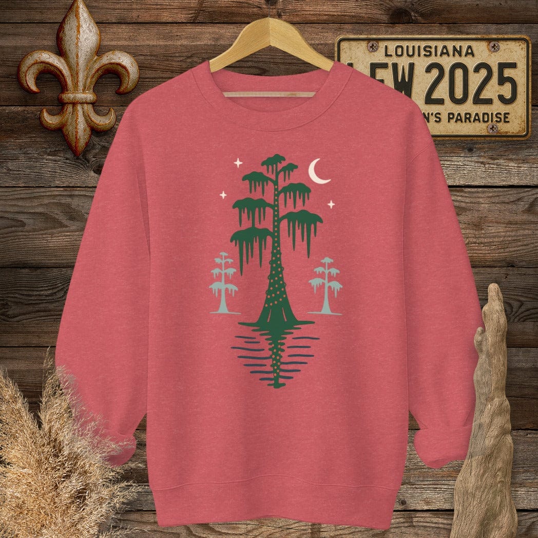 S / Heather Scarlet Red Louisiana Bayou Silent Night Christmas Sweatshirt by Laissez Faire Wear