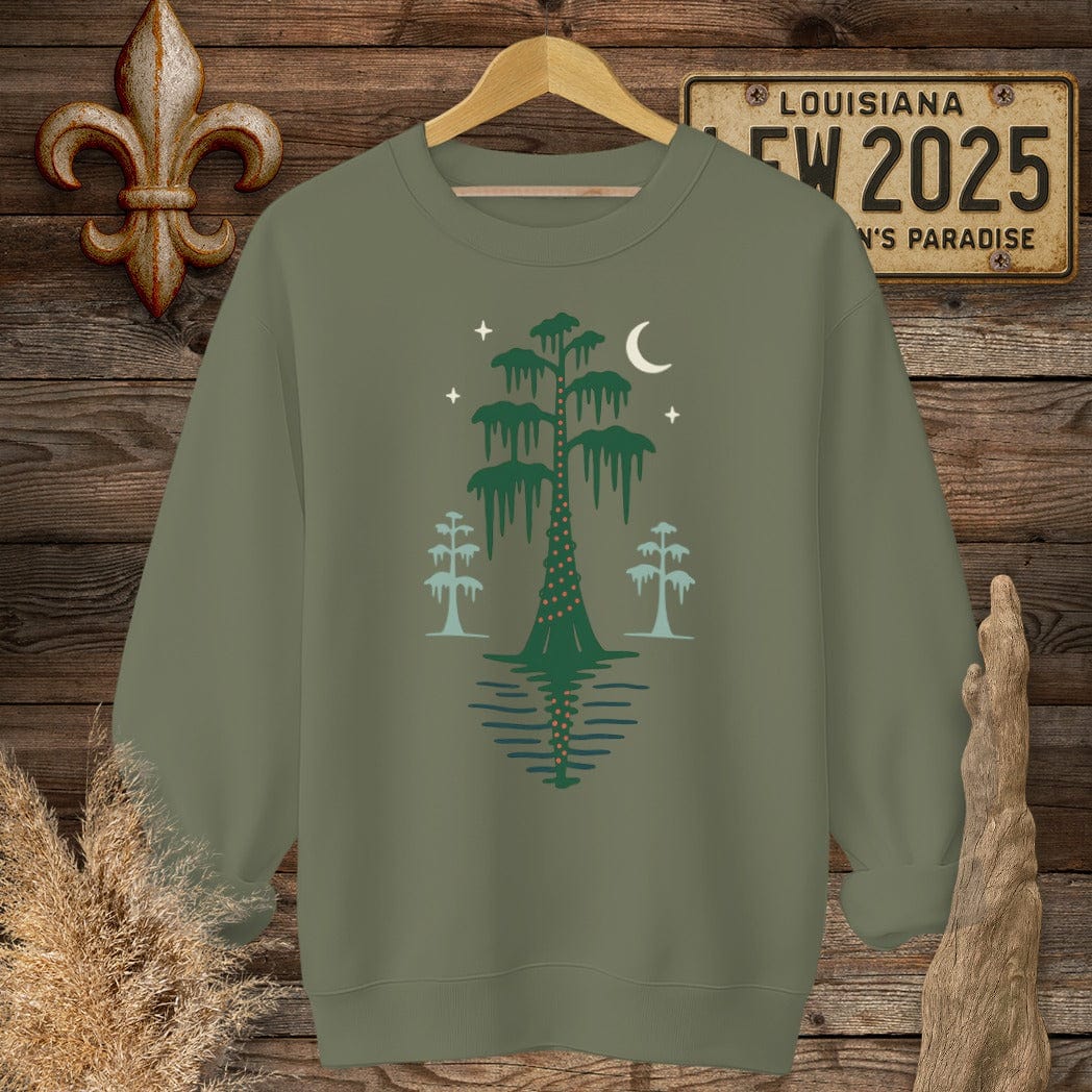 S / Military Green Louisiana Bayou Silent Night Christmas Sweatshirt by Laissez Faire Wear