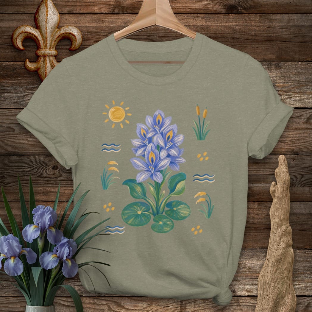 S / Heather Military Green Louisiana Bayou Water Hyacinth T-Shirt by Laissez Faire Wear
