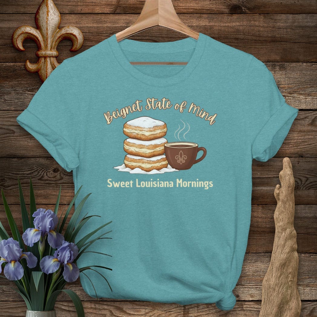 S / Heather Galapagos Blue Louisiana Beignet State of Mind T-Shirt by Laissez Faire Wear
