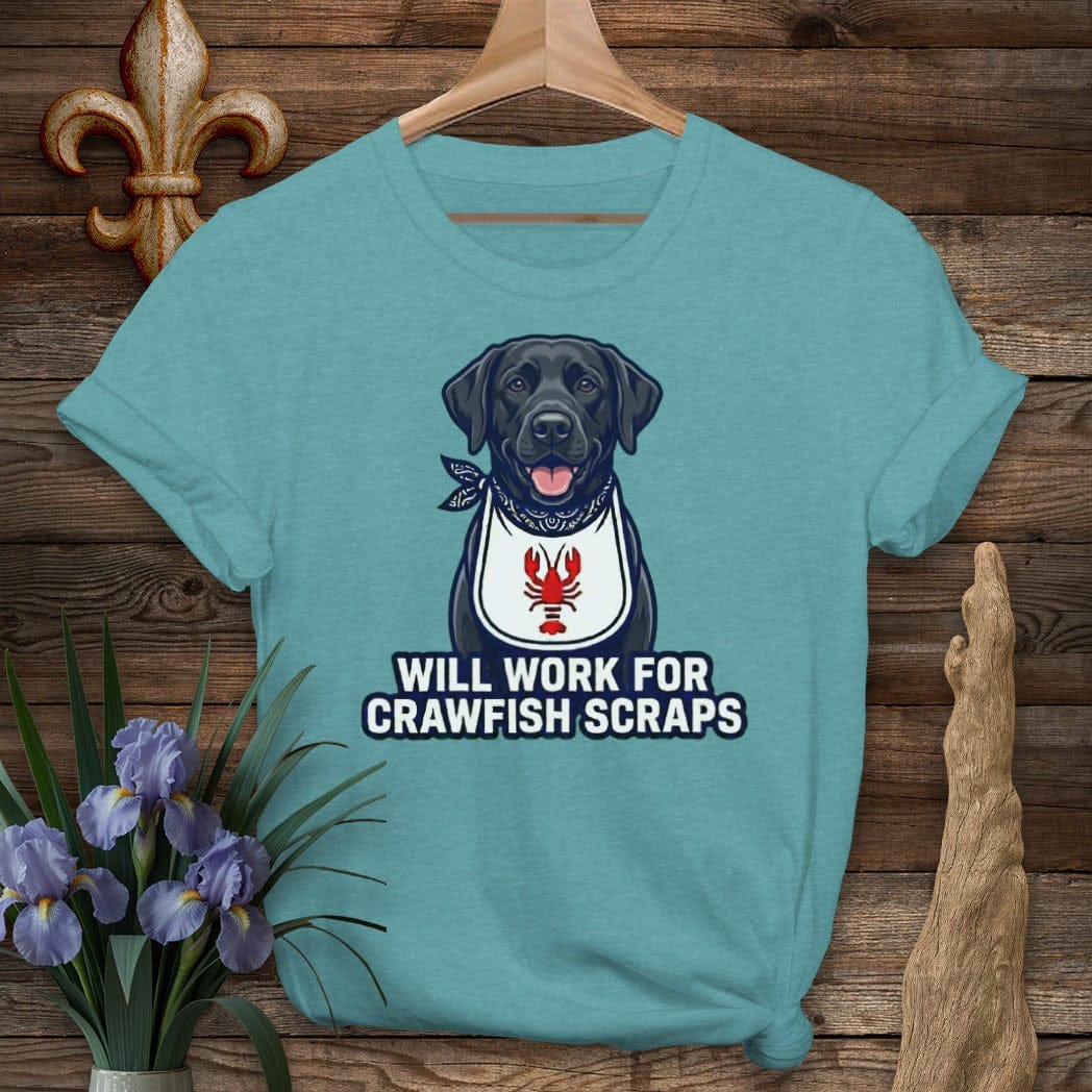 S / Heather Galapagos Blue Louisiana Black Lab Crawfish Scraps T-Shirt by Laissez Faire Wear