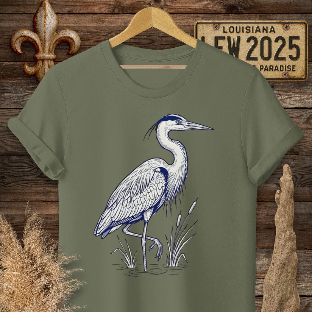 S / Military Green Louisiana Blue Heron T-Shirt by Laissez Faire Wear