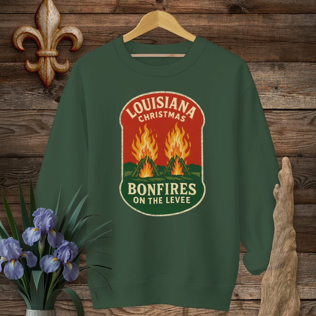 S / Forest Green Louisiana Bonfires on the Levee Christmas Sweatshirt by Laissez Faire Wear