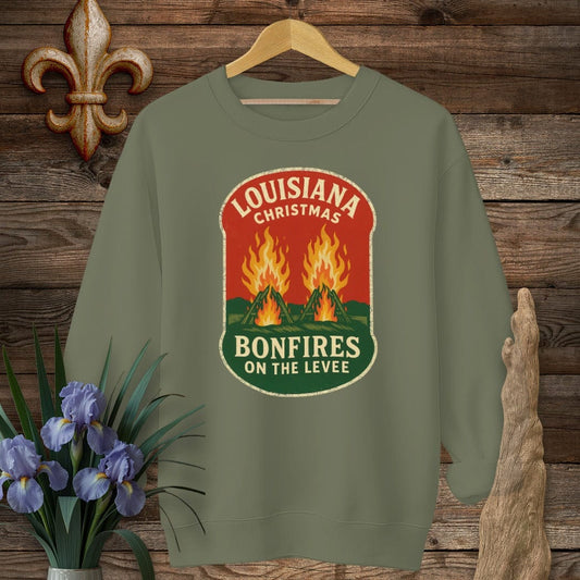 S / Military Green Louisiana Bonfires on the Levee Christmas Sweatshirt by Laissez Faire Wear