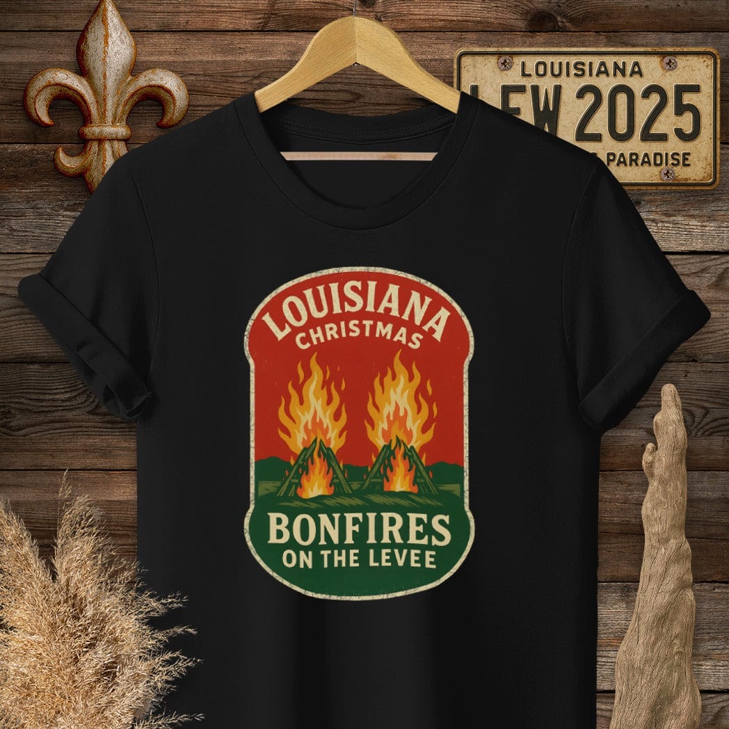 S / Black Louisiana Bonfires on the Levee Christmas T-Shirt by Laissez Faire Wear