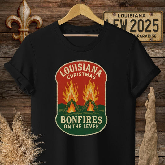 S / Black Louisiana Bonfires on the Levee Christmas T-Shirt by Laissez Faire Wear