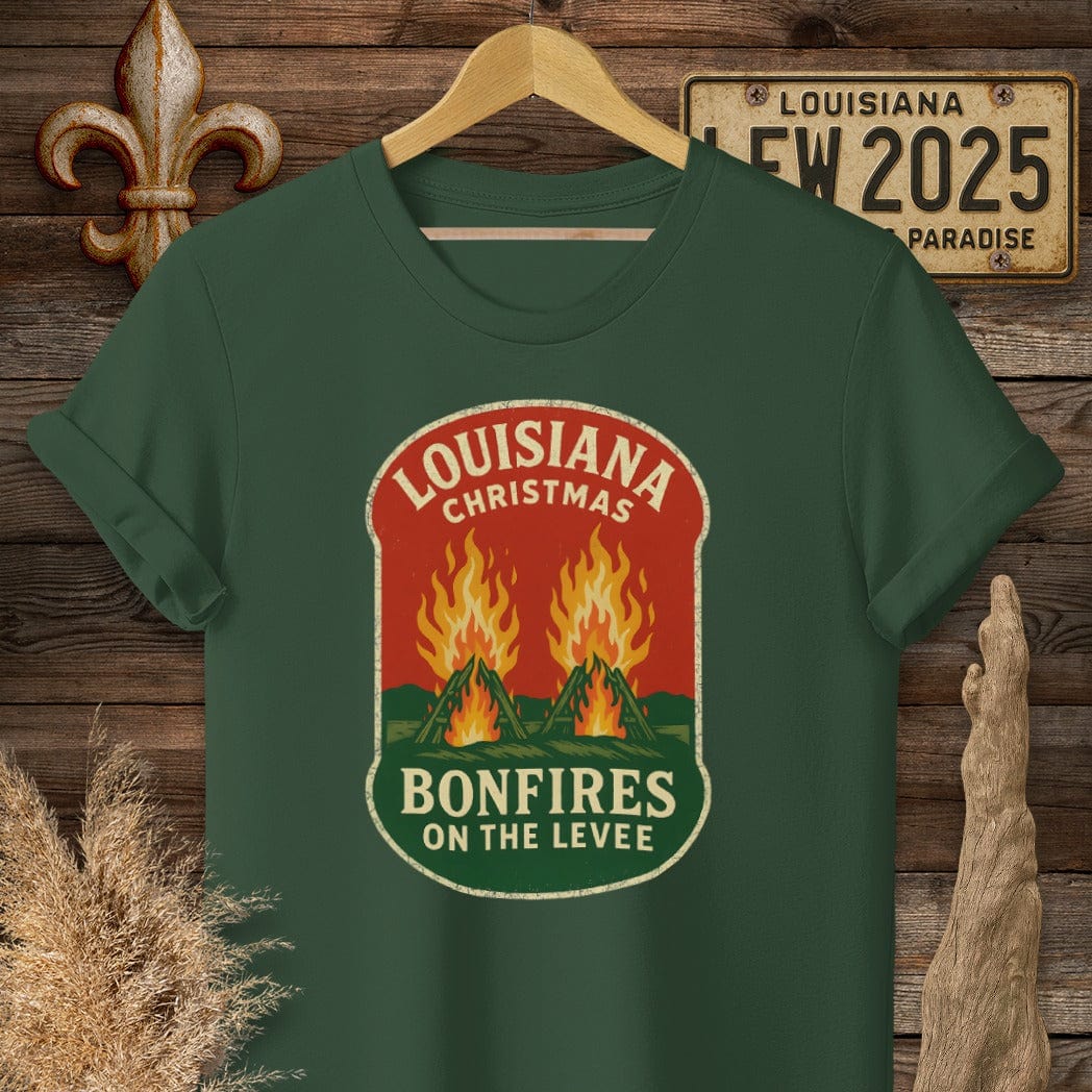 S / Forest Green Louisiana Bonfires on the Levee Christmas T-Shirt by Laissez Faire Wear