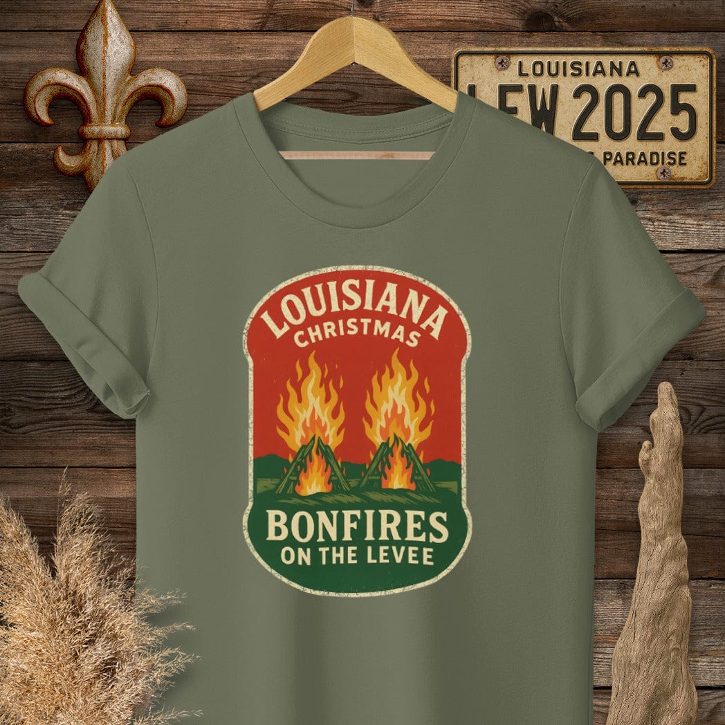 S / Military Green Louisiana Bonfires on the Levee Christmas T-Shirt by Laissez Faire Wear