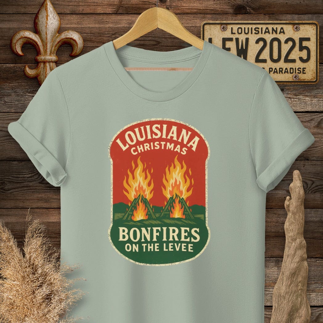 S / Sage Louisiana Bonfires on the Levee Christmas T-Shirt by Laissez Faire Wear