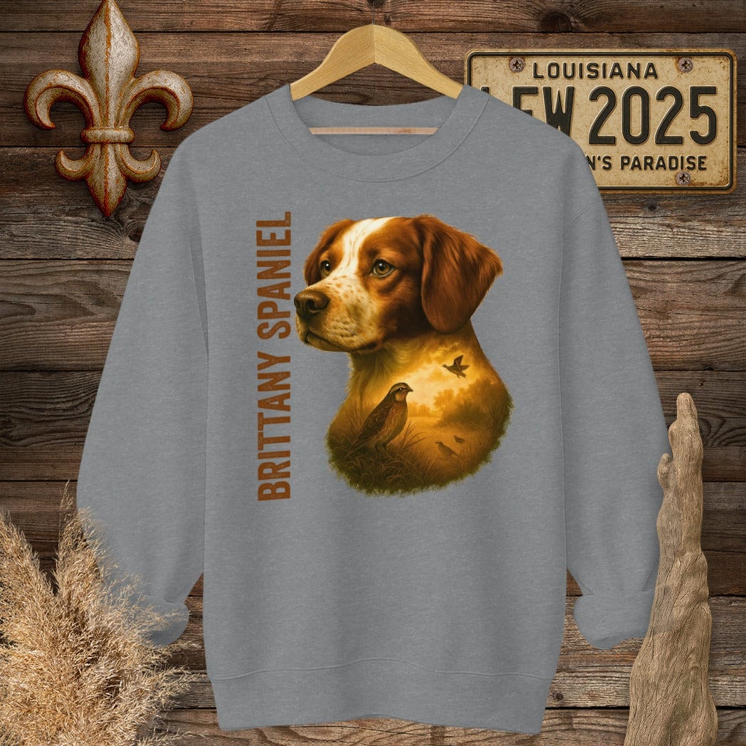 S / Graphite Heather Louisiana Brittany Spaniel Hunting Dog Sweatshirt by Laissez Faire Wear