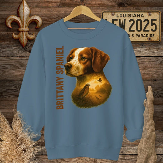 S / Indigo Blue Louisiana Brittany Spaniel Hunting Dog Sweatshirt by Laissez Faire Wear