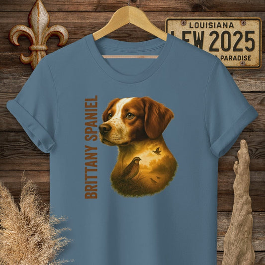 S / Indigo Blue Louisiana Brittany Spaniel Hunting Dog T-Shirt by Laissez Faire Wear