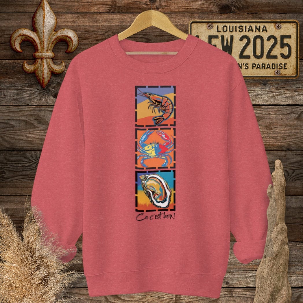 S / Heather Scarlet Red Louisiana Ca c'est bon Seafood Pop Art Sweatshirt by Laissez Faire Wear