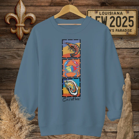 S / Indigo Blue Louisiana Ca c'est bon Seafood Pop Art Sweatshirt by Laissez Faire Wear