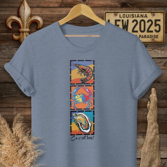 S / Heather Indigo Louisiana Ca c'est bon Seafood Pop Art T-Shirt by Laissez Faire Wear