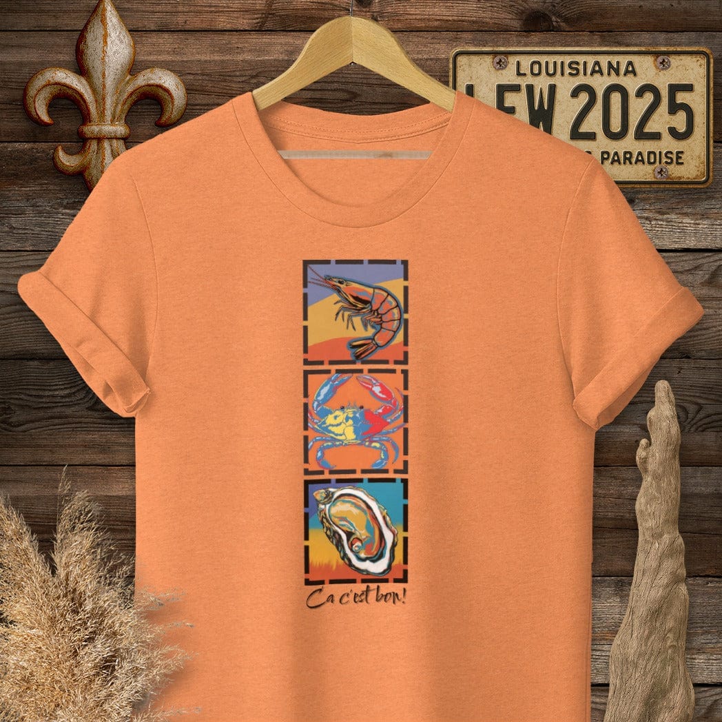 S / Heather Orange Louisiana Ca c'est bon Seafood Pop Art T-Shirt by Laissez Faire Wear