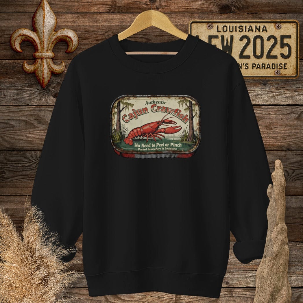S / Black Louisiana Cajun Crawfish Tin sweatshirt by Laissez Faire Wear